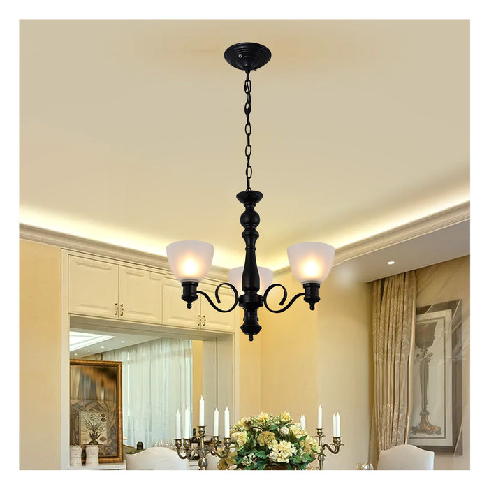 Chandelier featuring frosted glass Light shades and a black