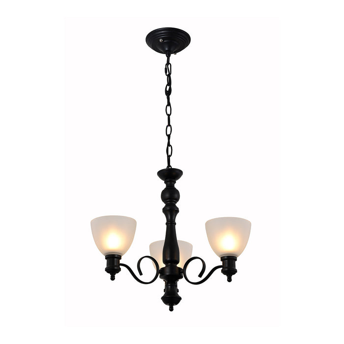 Chandelier featuring frosted glass Light shades and a black