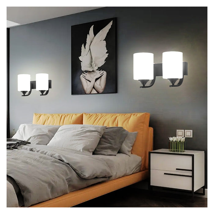 Modern Double Wall Light With Frosted Glass Shades and Black Metal Finish