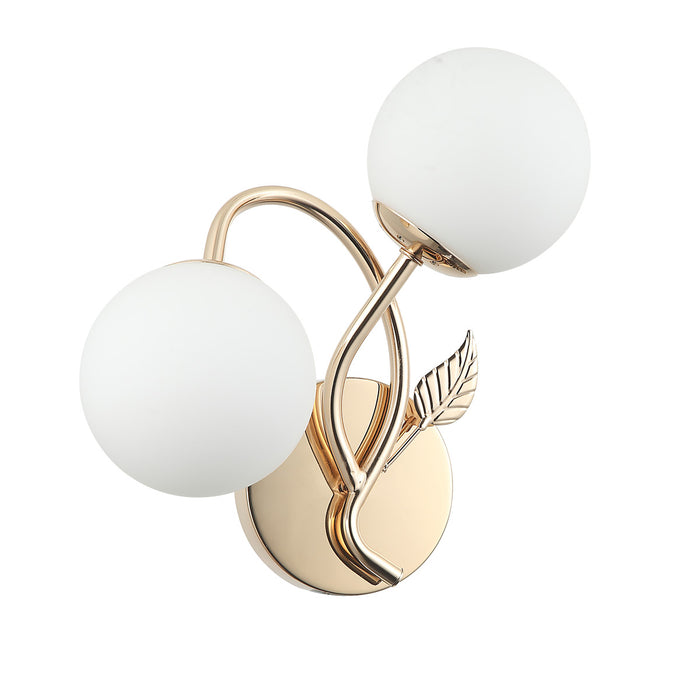 Modern Double-Globe Wall Lamp Golden Frosted Glass Light with Leaf Design