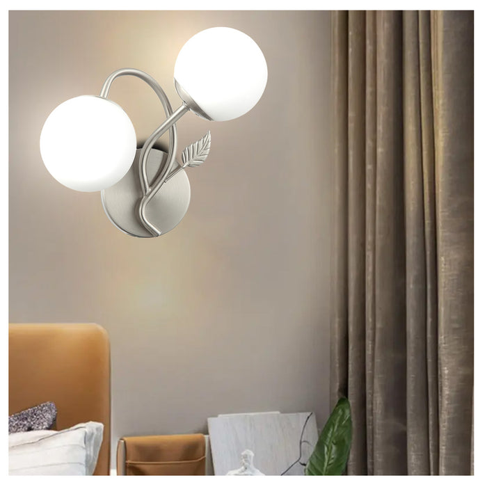 Modern Double-Globe Wall Lamp Silver Frosted Glass Light with Leaf Design