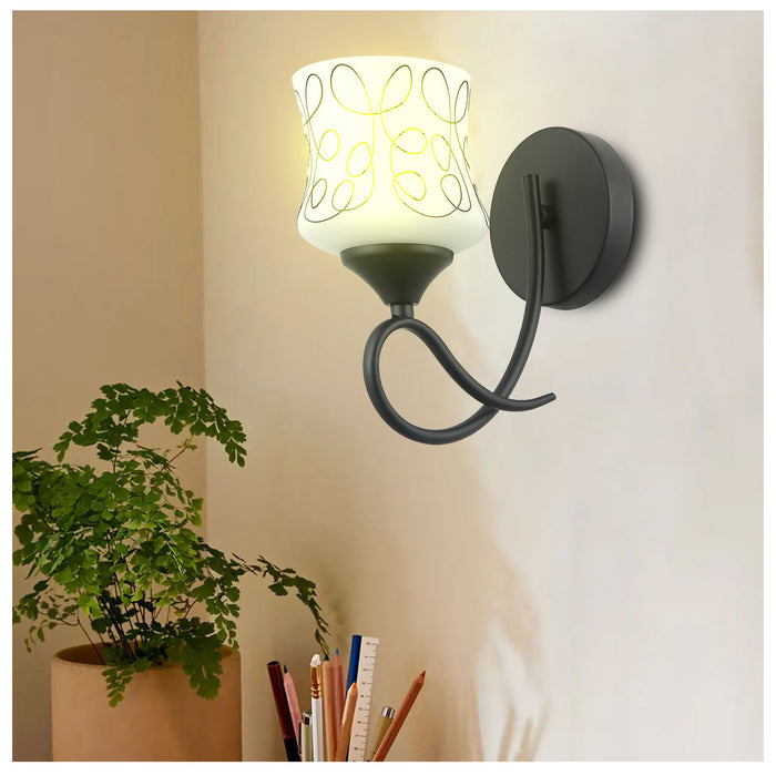 Artistic Patterned Wall Lamp Frosted Glass Shade and Matte Black Light