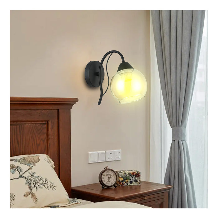 Modern Black Wall Light With Amber Glass Globe Shade