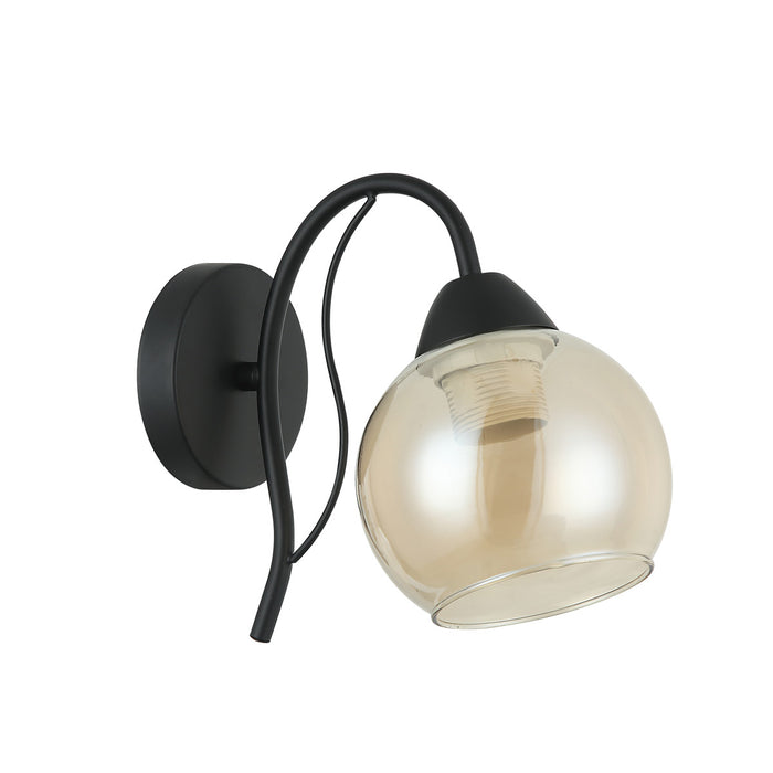 Modern Black Wall Light With Amber Glass Globe Shade