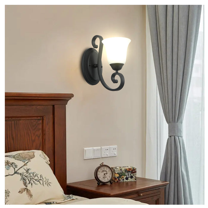 Vintage Black Wall Light with Frosted Glass Bell Shade