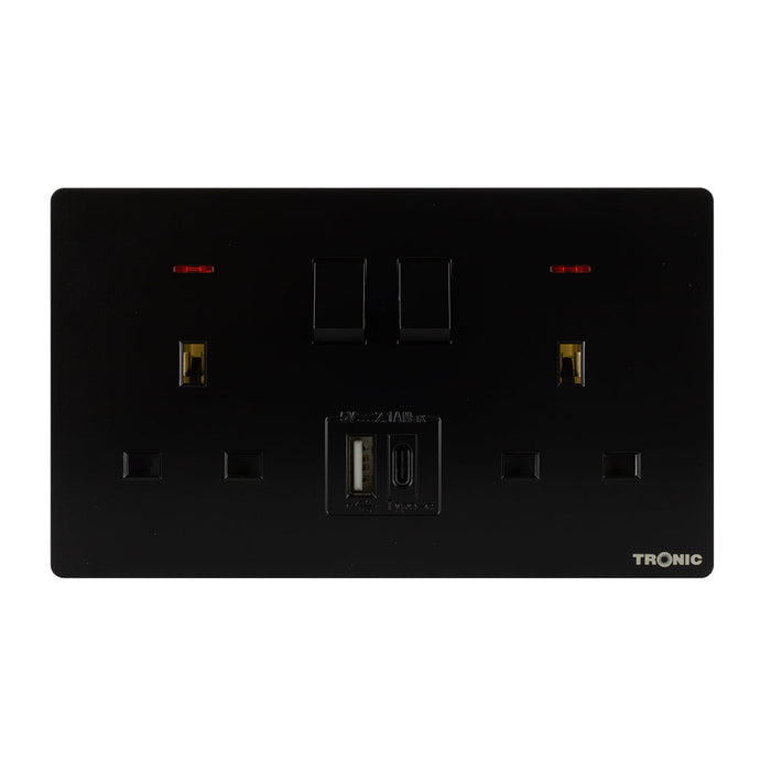 Black - Twin Switch Socket with USB + Type C