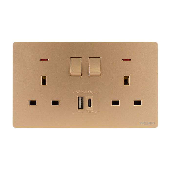 Gold - Twin Switch Socket with USB + Type C