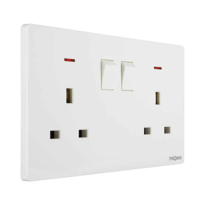 Glossy White - Twin Switch Socket with Neon